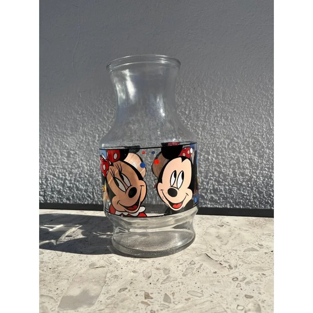 DISNEY Vintage‎ 1986 Mickey Minnie Daffy Duck Glass Carafe Pitcher Decanter Vase